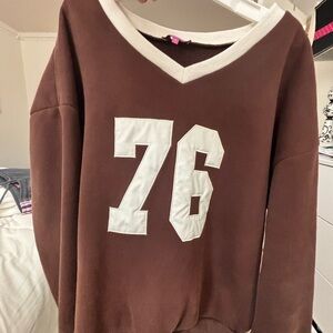 Brown V-Neck Sweater with 76 Print